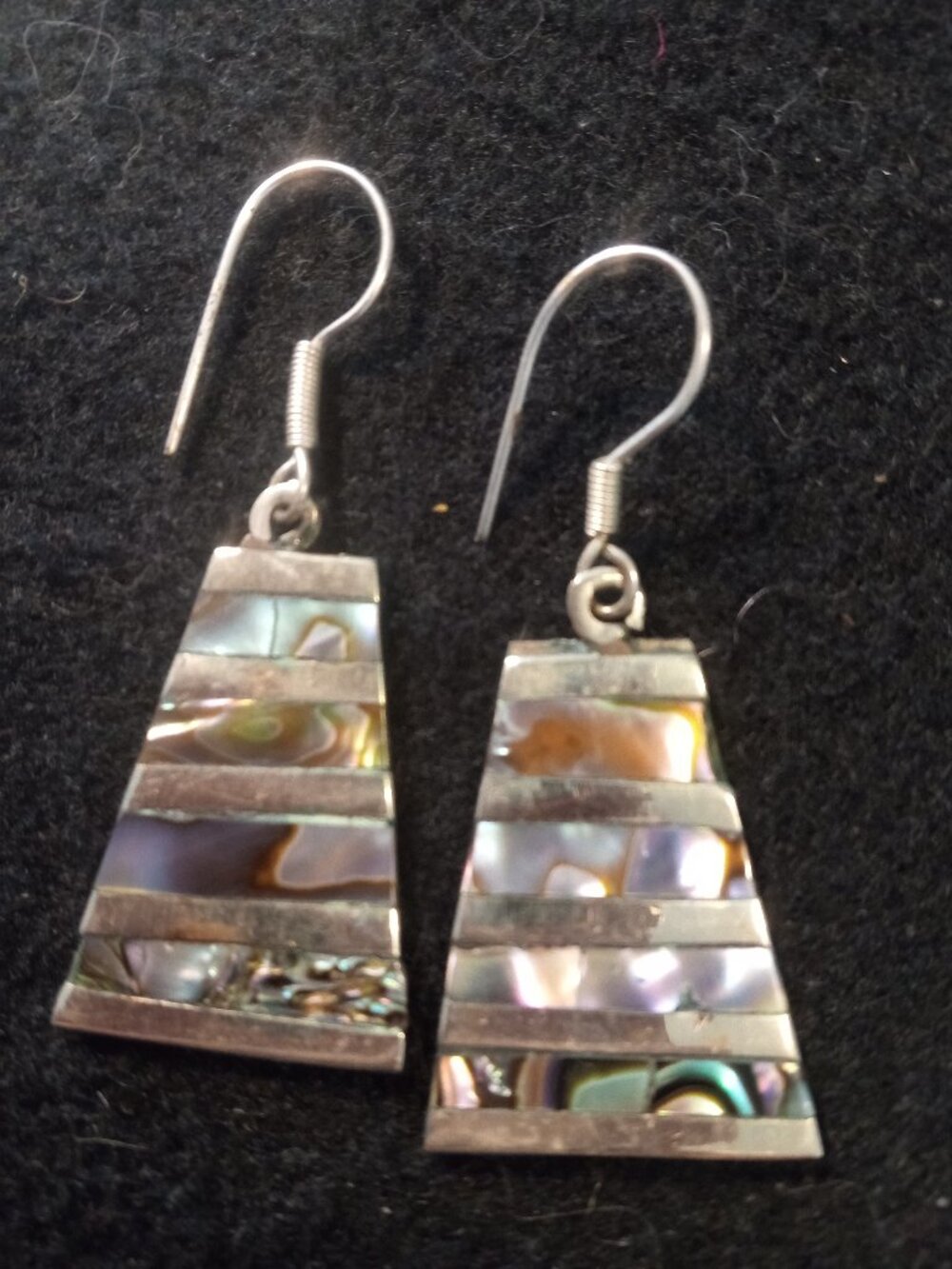 Unique handcrafted silver & abalone earrings from Mexico.  1 1/4" long.